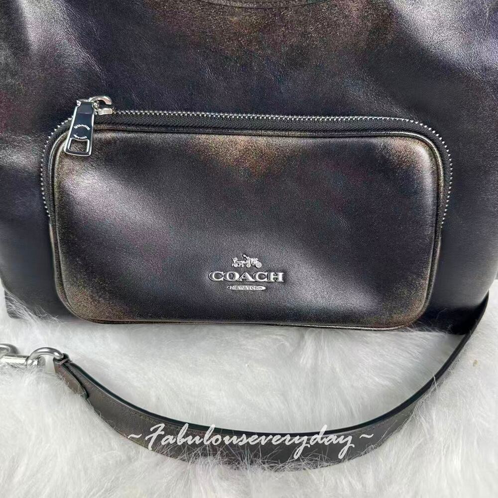Coach Laurel Shoulder Bag With Pockets In Loved Leather/Silver/Black Brow CES84 - Picture 5 of 9